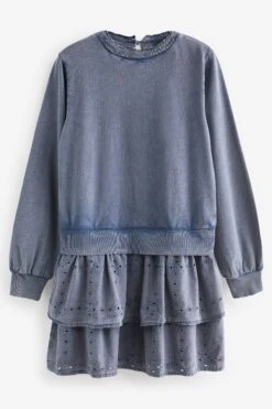 Next Hübsches Gesmoktes Gestuftes Sweatshirt-Kleid Mit Rüschen-Overlay -MONSON Kleidung Geschaft 158 637s6