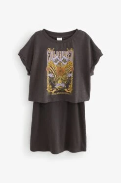 Next Anthrazit Florale Retro-Grafik - Geripptes 2-in-1-Kleid Und T-Shirt (3–16 Jahre) -MONSON Kleidung Geschaft 306 741s5