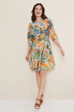 Phase Eight Azalia Swing-Kleid Aus Leinen Mit Paisley-Muster, Orange -MONSON Kleidung Geschaft 605857s3