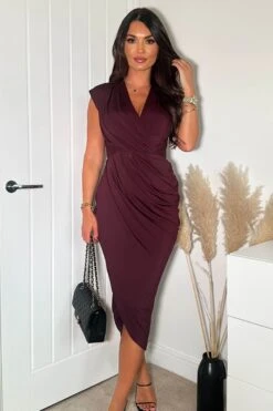 AX Paris Violett Pflaume Wickel Drapiert Midi Kleid -MONSON Kleidung Geschaft 633516s4