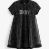 DKNY Schwarzes Kleid Aus Zweilagigem Netzgewebe Mit Logo