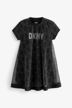 DKNY Schwarzes Kleid Aus Zweilagigem Netzgewebe Mit Logo