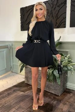 AX Paris Langärmelig Mit Gürtel Skater Schwarzes Kleid