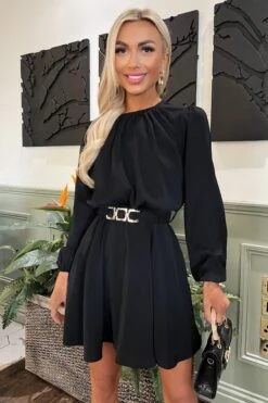 AX Paris Langärmelig Mit Gürtel Skater Schwarzes Kleid -MONSON Kleidung Geschaft 937436s4