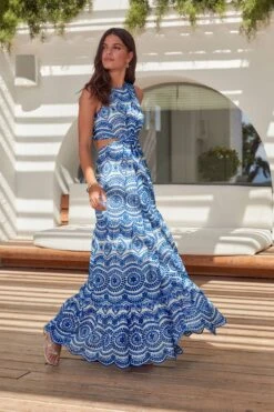 Next Blau-weiß - Premium Kleid Mit Lochstickerei Und Zierausschnitten