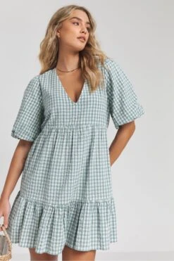 Simply Be Gesmoktes Kleid Mit Vichykaros, Blau