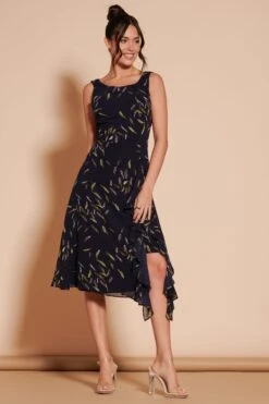 Jolie Moi – Schwarz, Bedruckt Chiffon-Midi Kleid Mit Rüschensaum -MONSON Kleidung Geschaft B61301s4