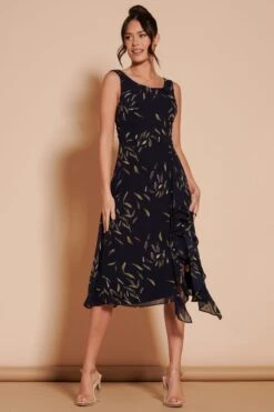 Jolie Moi – Schwarz, Bedruckt Chiffon-Midi Kleid Mit Rüschensaum -MONSON Kleidung Geschaft B61301s5