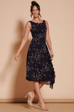 Jolie Moi – Schwarz, Bedruckt Chiffon-Midi Kleid Mit Rüschensaum -MONSON Kleidung Geschaft B61301s6