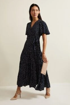 Phase Eight – Blau Jenna-Midaxi-Wickel Kleid Mit Schwarz Gepunktet Und Schwarzen Punkten
