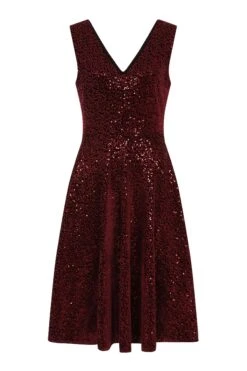 Hot Squash Rot Samt V-Ausschnitt Fit N Flare Kleid -MONSON Kleidung Geschaft C83787s3