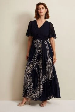 Phase Eight Abigail Bedrucktes, Plissiertes Midaxi-Kleid, Schwarz