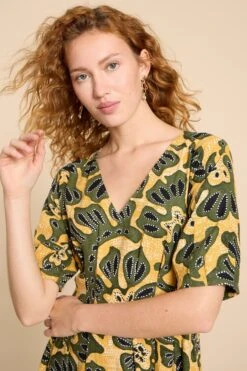 White Stuff Gelbes Kate Kleid Aus Leinenmischung -MONSON Kleidung Geschaft K99986s4