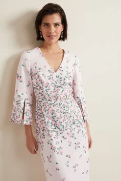 Phase Eight Giovanna Geblümtes Kleid Mit Gürtel Und Schlitz Am Ärmel, Rosa -MONSON Kleidung Geschaft N20863s5