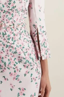 Phase Eight Giovanna Geblümtes Kleid Mit Gürtel Und Schlitz Am Ärmel, Rosa -MONSON Kleidung Geschaft N20863s6