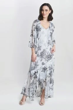 Gina Bacconi Mandy Midilanges ärmelloses Bedrucktes Weißes Kleid Und Poncho -MONSON Kleidung Geschaft N27600s3