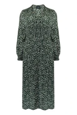 Live Unlimited Curve Jersey-Kleid In Kurzgröße Mit Blümchenmuster Und Geraffter Taille, Grün -MONSON Kleidung Geschaft N54518s4