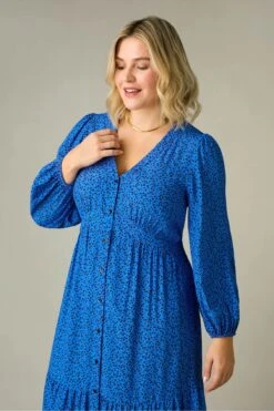 Live Unlimited Curve Durchgeknöpftes Midaxi-Kleid Mit Blümchenmuster, Blau -MONSON Kleidung Geschaft N54553s3