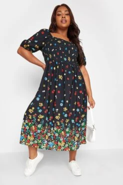 Yours Curve Limited Gesmoktes Kleid Mit Eckigem Ausschnitt Und Print -MONSON Kleidung Geschaft N59028s3