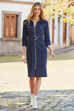 Sosandar Denim-Kleid Mit Gürtel Und Reißverschluss Vorne -MONSON Kleidung Geschaft N62128s3