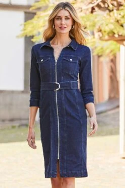 Sosandar Denim-Kleid Mit Gürtel Und Reißverschluss Vorne -MONSON Kleidung Geschaft N62128s4
