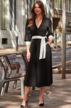 Sosandar Midi-Wickel Kleid Aus Jersey Mit Kontrastbesatz Mit Gürtel -MONSON Kleidung Geschaft N71190s5