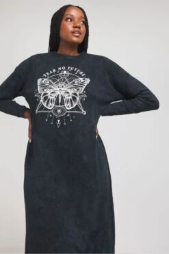 Simply Be Langärmliges T-Shirt-Kleid Mit Grafik, Grau -MONSON Kleidung Geschaft N97 926s3