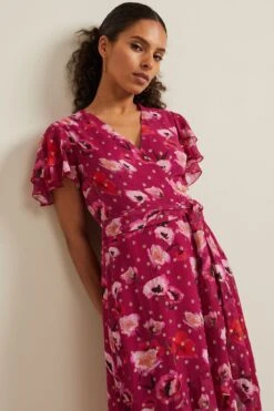 Phase Eight Nadine Bedrucktes Kleid Mit Rüschen, Kurzgröße, Rosa -MONSON Kleidung Geschaft N99784s3