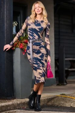 Jolie Moi Langärmelig Mesh-Bodycon-Maxi Kleid Braun -MONSON Kleidung Geschaft Q69257s5