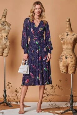 Jolie Moi Langärmeliges Kleid Aus Netzstoff Mit Wickeloptik, Blau -MONSON Kleidung Geschaft Q69300s3