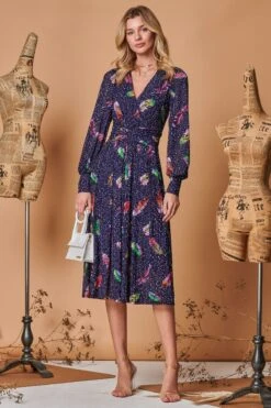 Jolie Moi Langärmeliges Kleid Aus Netzstoff Mit Wickeloptik, Blau -MONSON Kleidung Geschaft Q69300s4