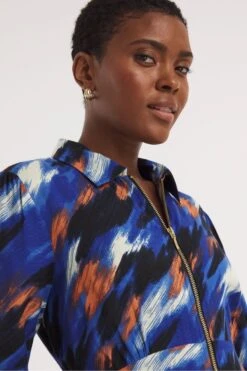 JD Williams Blau Drucken Lange Ärmel Zip Front Shirt Kleid -MONSON Kleidung Geschaft Q86695s3